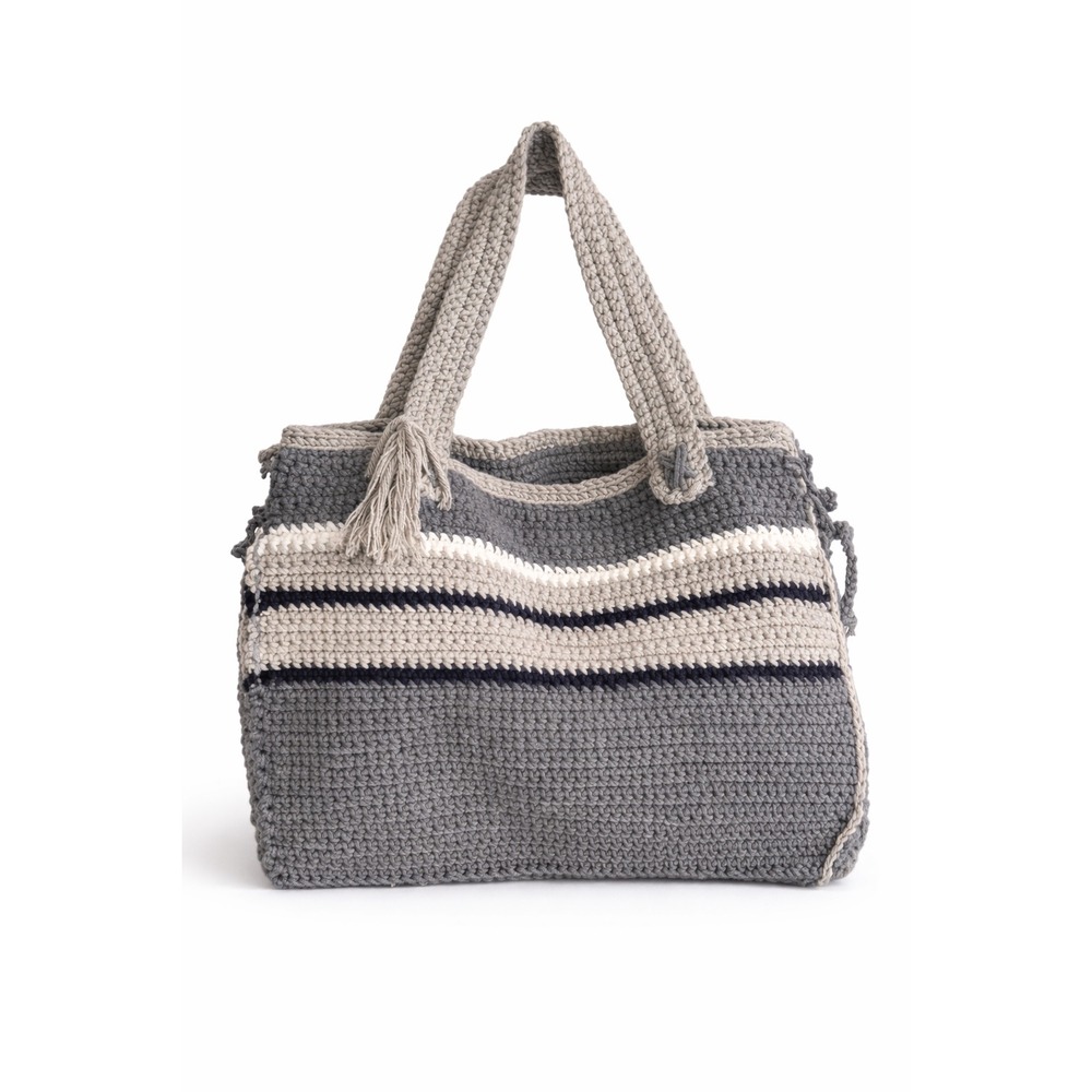 Handmade‎ Crochet Striped Tote Bag Grey Cream Black Tassel Shoulder Bag